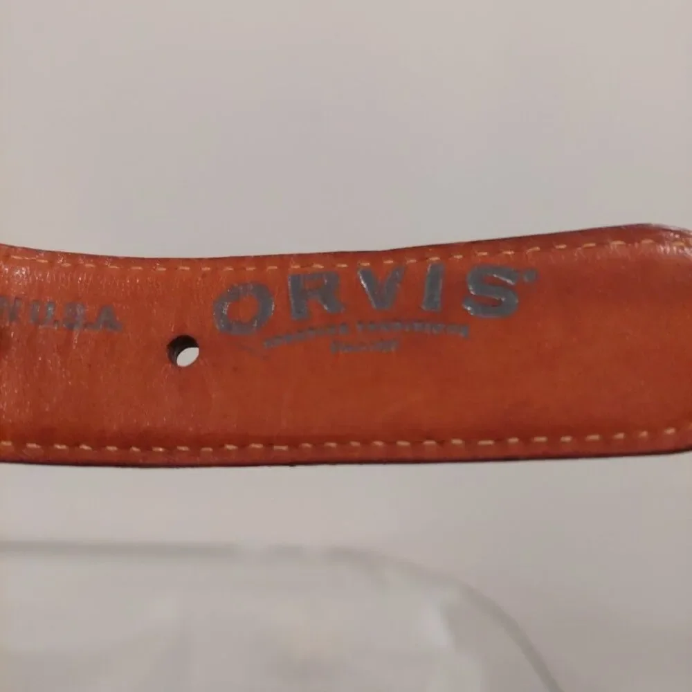 Orvis Blue Canvas Brown Embossed Leather Golf Belt Brass Buckle Men's Sz 42-46